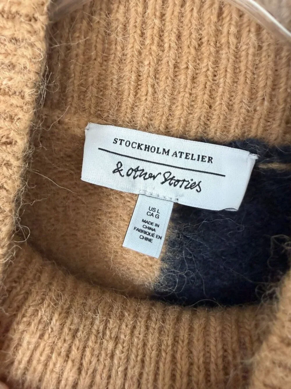 & Other Stories Blue/Brown Long Sleeve Mock Neck Wool Blend Sweater Size L